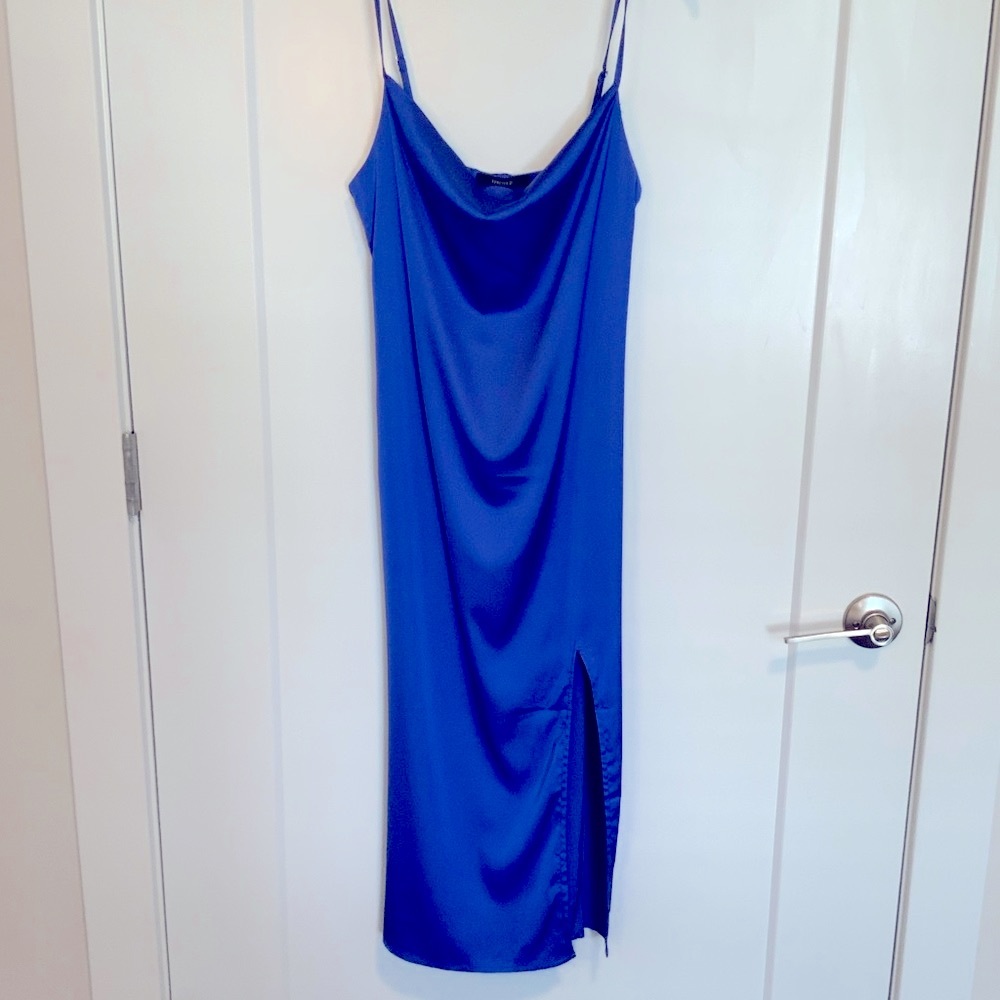 Forever 21 Blue Satin cowl Neck Detail Midi Dress